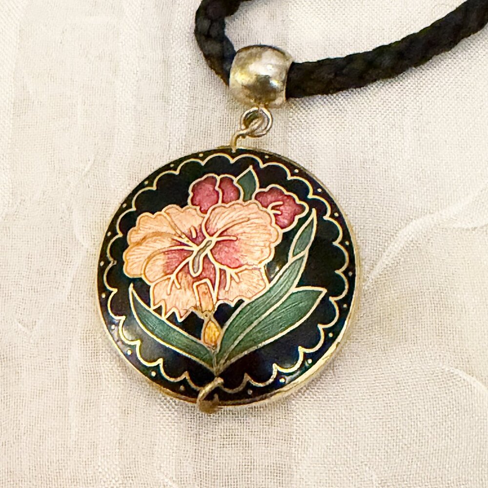 Cloisonné Floral Pendant Necklace on 24" Black Braided Cord 24"